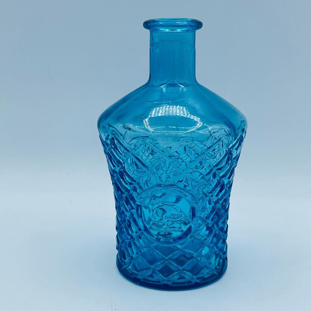 Vintage Blue Glass Diamond Pattern Decanter Bottle Vase from Taiwan Circa 1960s